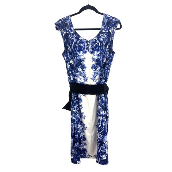 White House Black Market Blue Floral Print Sheath Dress w/Bow Belt Size 14 - Picture 4 of 9